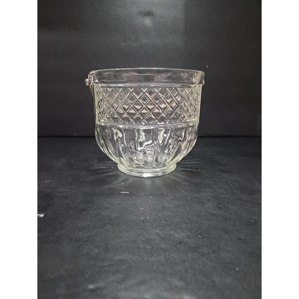 Art Deco‎ Ice Bucket, Cut Diamond Glass, Hammered Silver Handle, Bar Accessory